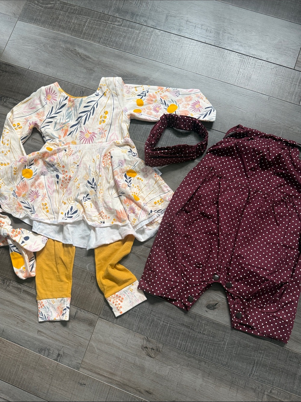 Girls Floral & Maroon Dot Matching Set - Yellow Accents